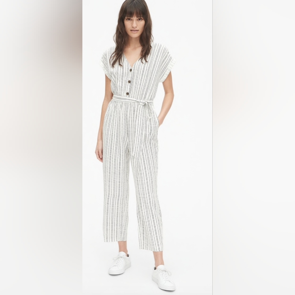 GAP White and Gray Striped Jumpsuit